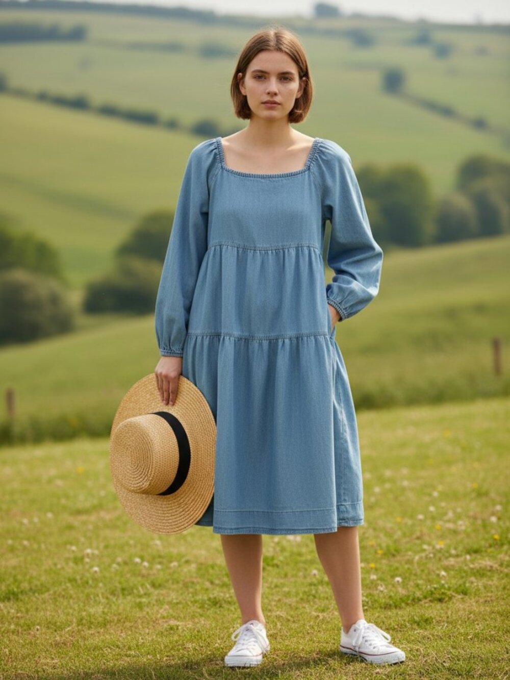 Chambray 100% Cotton Tiered Dress NWT Medium Wash Prairie Size M Midi Length